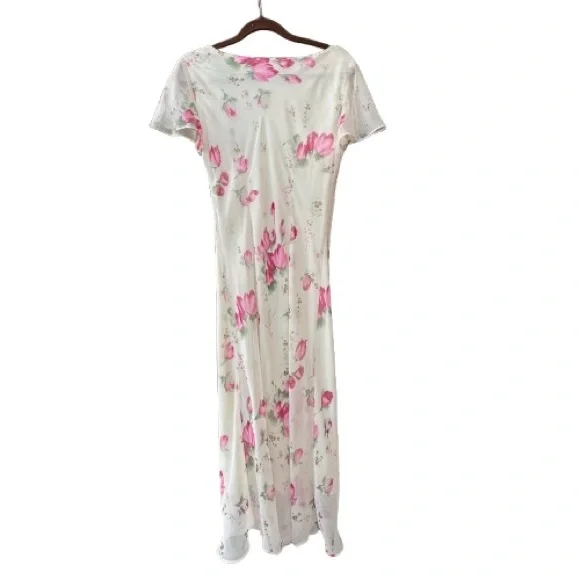 Dressbarn Women' 8 Ivory Cream Pink Floral Chiffon Short Sleeve Maxi Dress - Picture 6 of 16